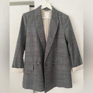 H&M Gray Plaid Double-Breasted Blazer with Cream Lining